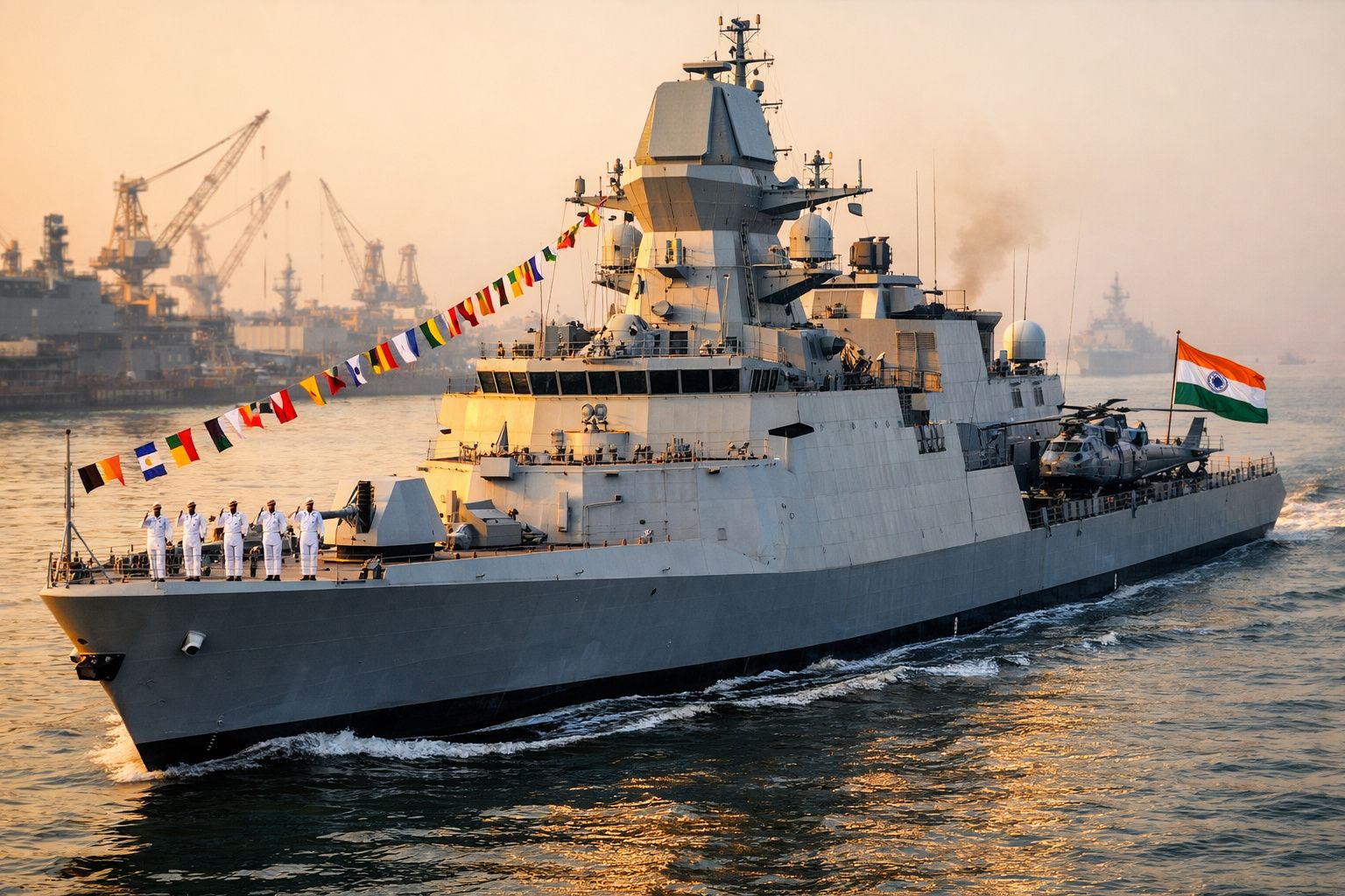 Navio de guerra militar indiano com tripulação em uniforme branco e bandeira nacional na proa ao pôr do sol.