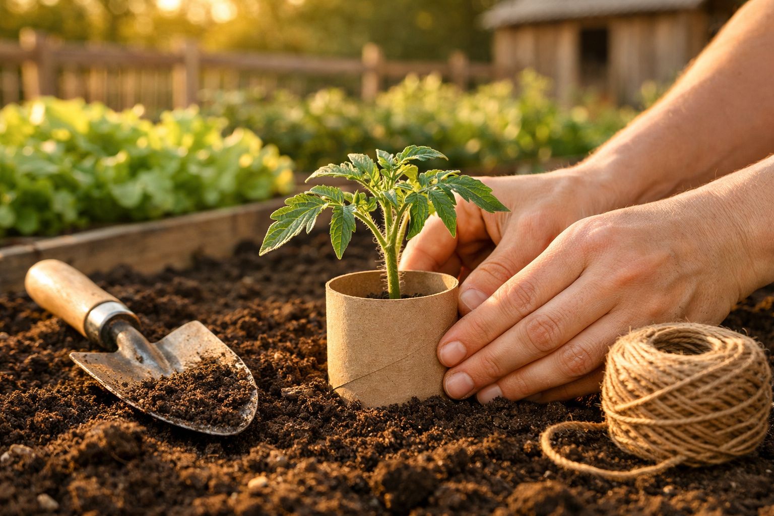 Mãos a plantar uma muda de planta num vaso biodegradável com terra de jardim, ao lado de uma enxada e corda.