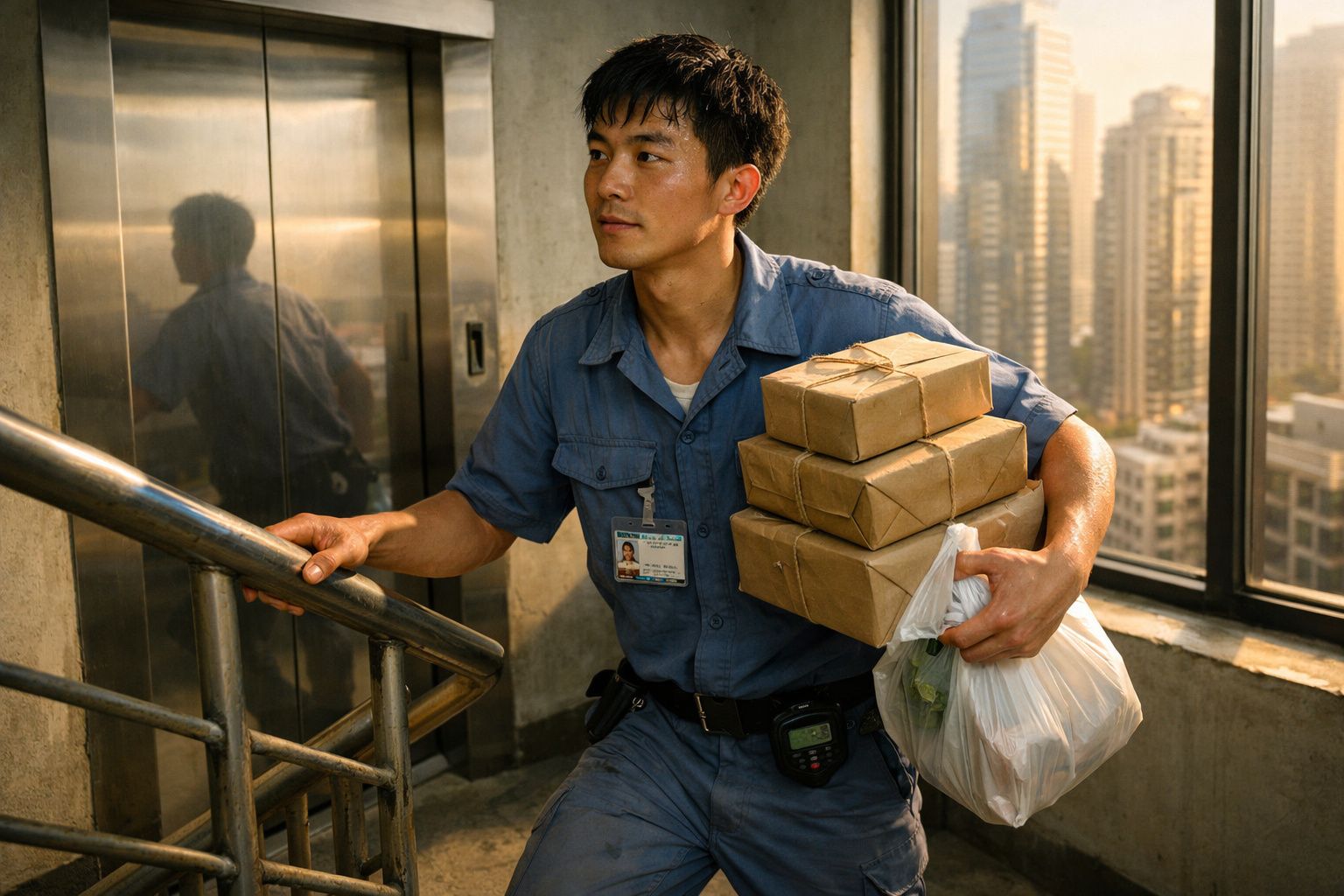 Homem de uniforme azul sobe escadas com três caixas e um saco plástico num edifício urbano.