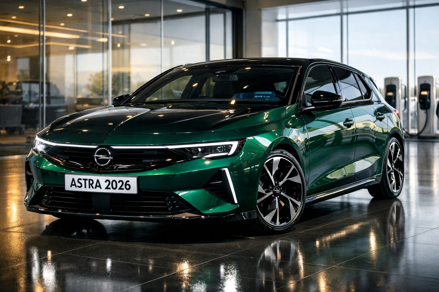 Carro Opel Astra 2026 verde metálico estacionado em garagem moderna com piso brilhante.