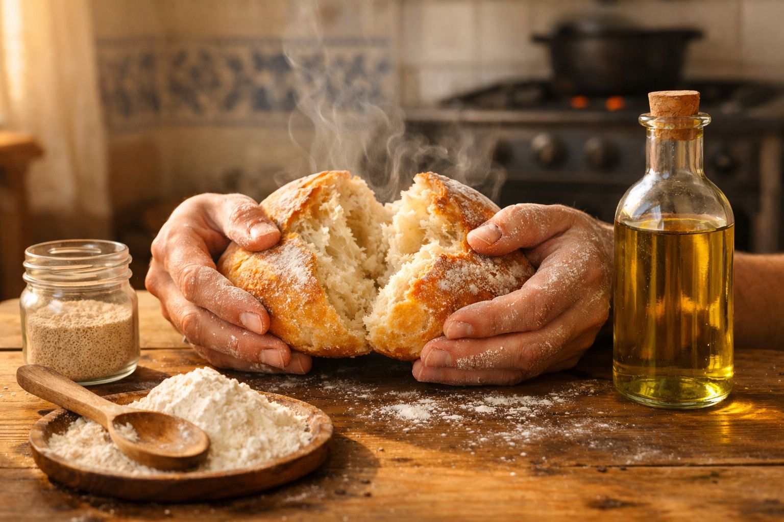 Mãos a partir pão quente e fumegante num ambiente rústico com farinha e azeite numa mesa de madeira.