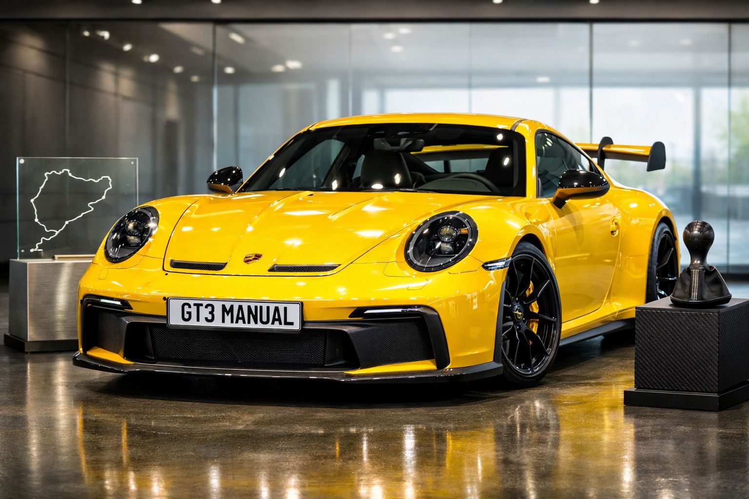 Carro desportivo amarelo Porsche GT3 com matrícula "GT3 MANUAL" numa exposição interior moderna.