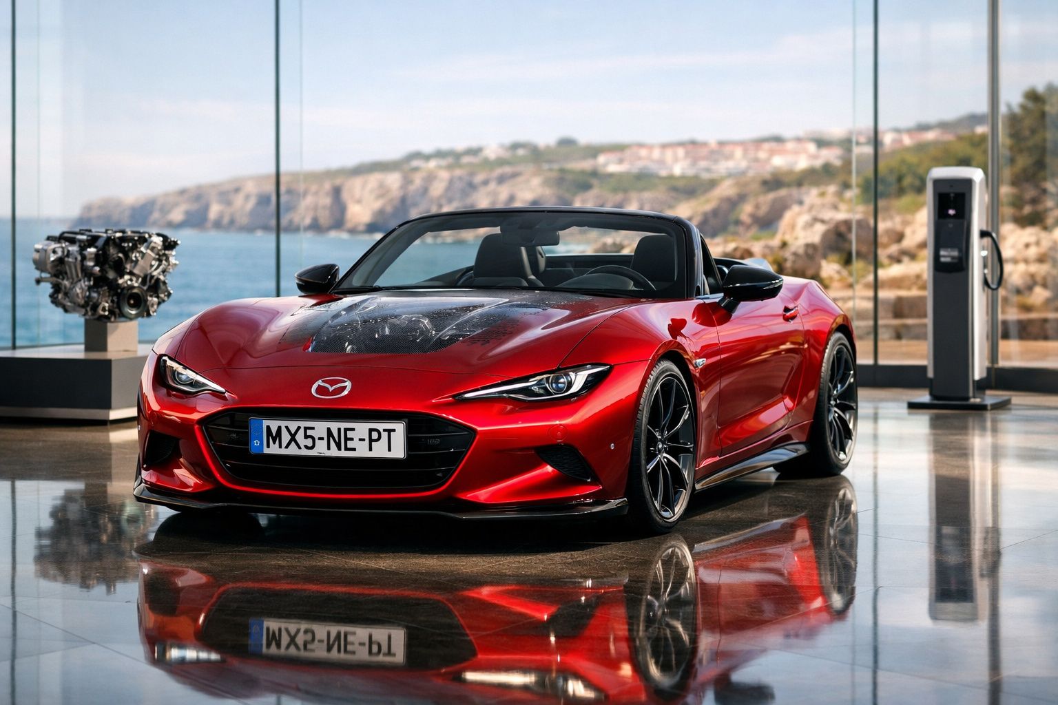 Carro desportivo descapotável vermelho Mazda MX-5 estacionado em showroom com vista para o mar.