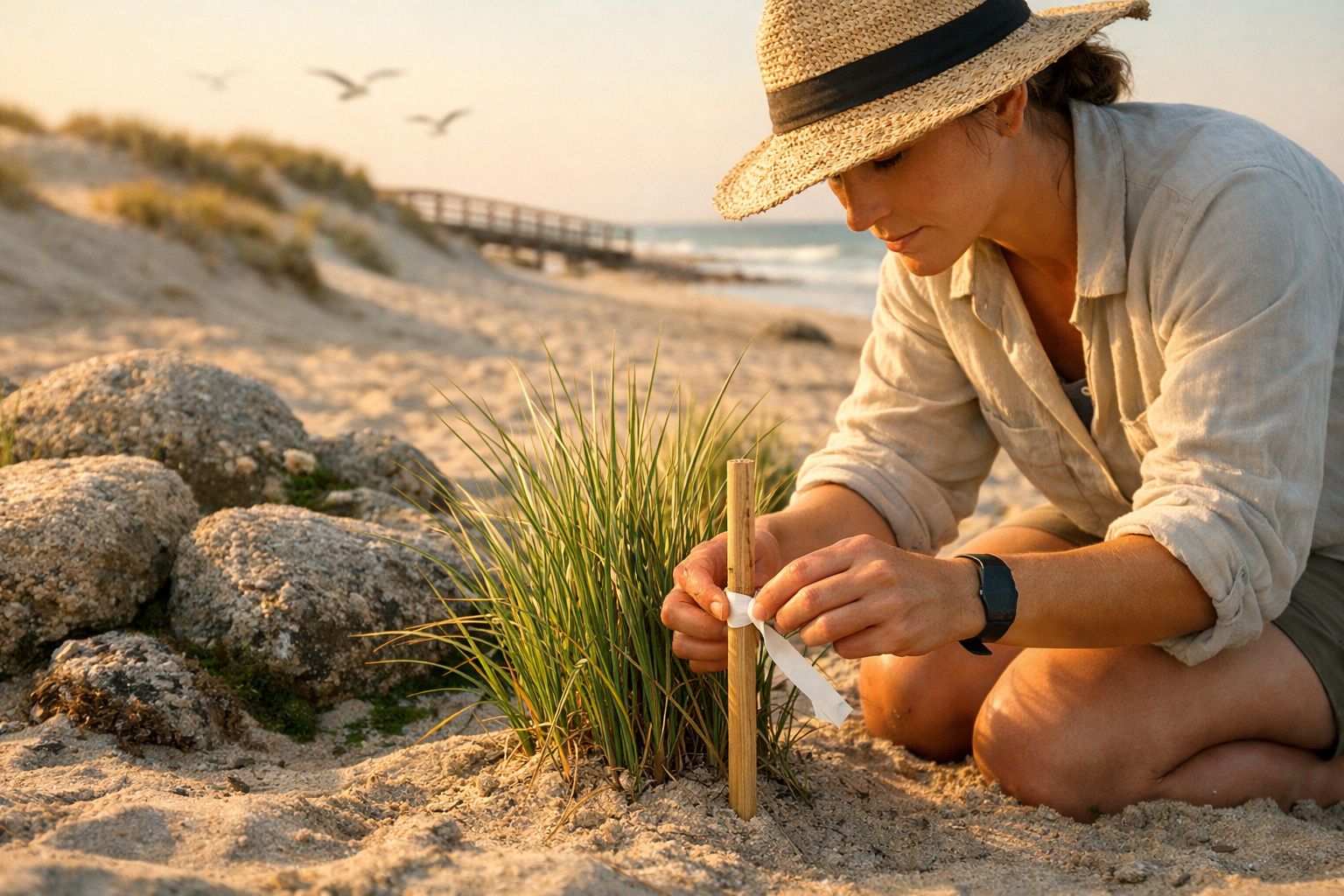 Mulher de chapéu a marcar planta costeira numa praia com rochas e aves ao fundo ao pôr do sol.