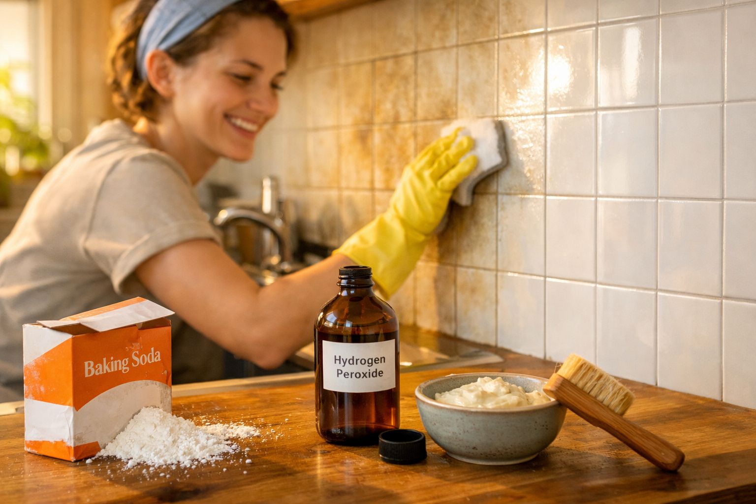 Mulher a limpar azulejos da cozinha com luva amarela, ao lado de bicarbonato, peróxido de hidrogénio e escova.