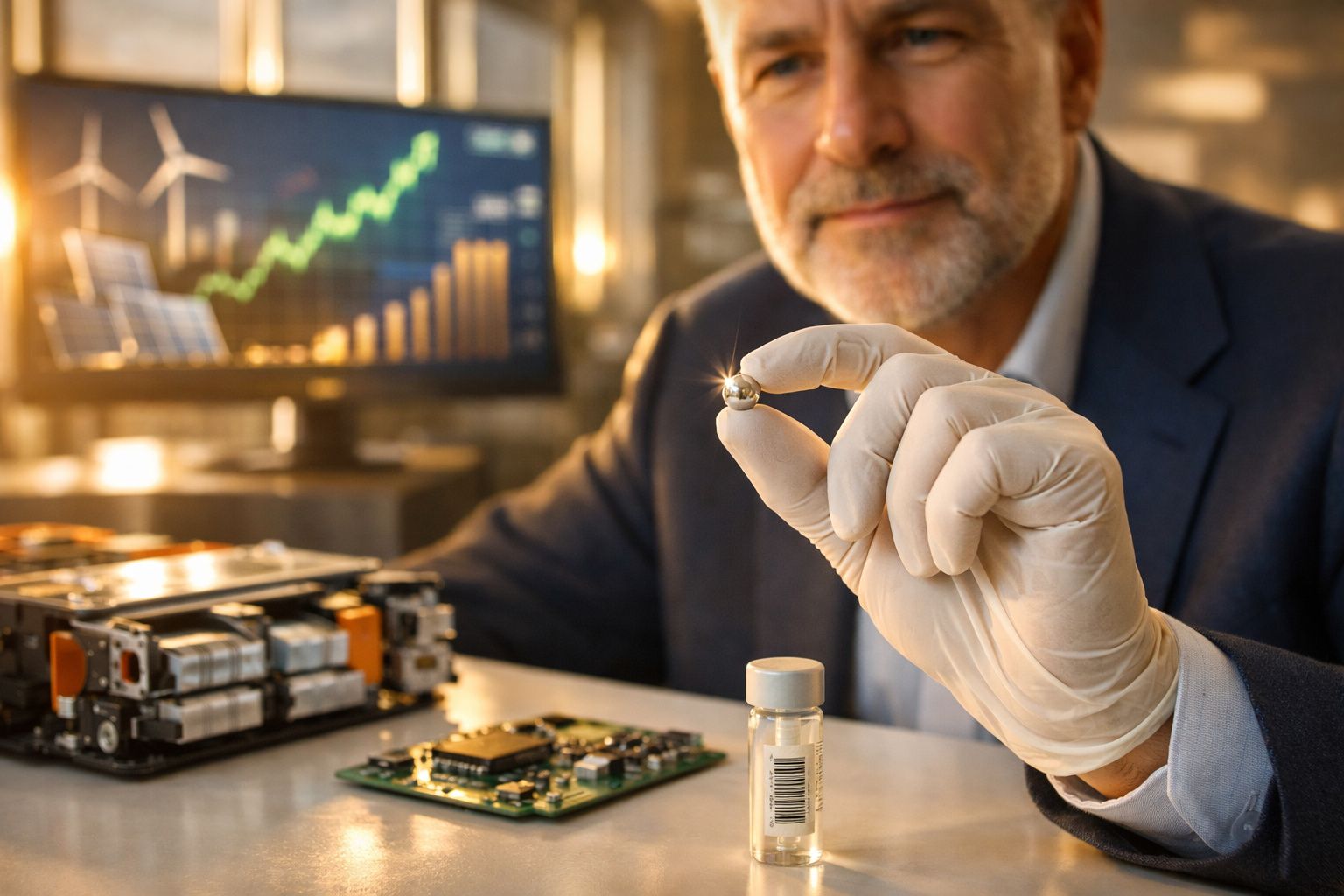 Homem com luvas a segurar uma pérola sobre bancada com componentes eletrónicos e gráfico de energia eólica.