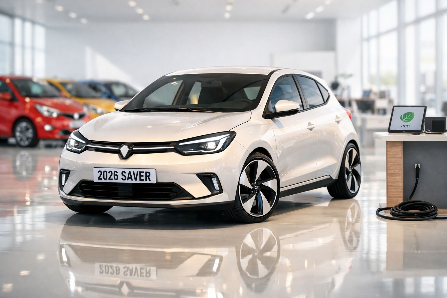 Carro elétrico branco 2026 Saver em showroom com estação de carregamento eco ao lado.