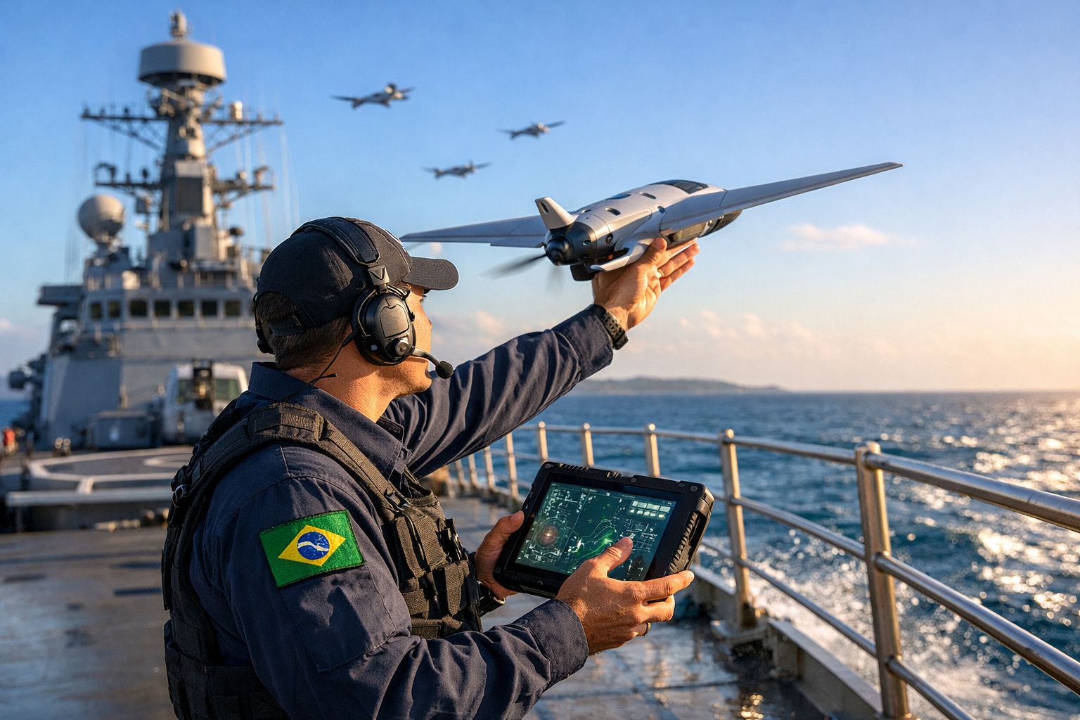 Militar brasileiro lança drone de um navio de guerra com tablet na mão e aviões ao fundo no mar.