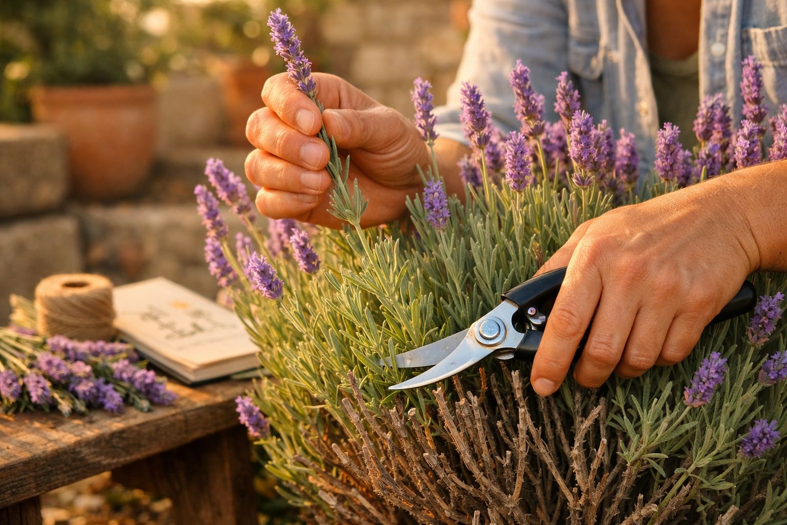 Mãos a cortar flores de lavanda com tesoura de jardinagem num ambiente externo iluminado pelo sol.