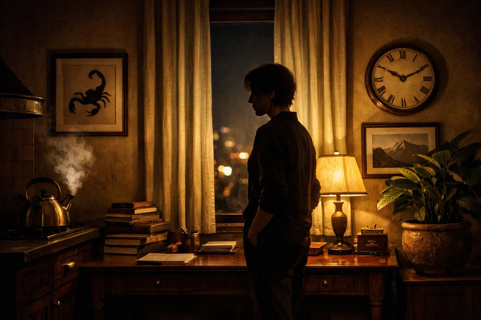 Pessoa em perfil observa janela numa sala iluminada por candeeiro, com relógio e decoração vintage.