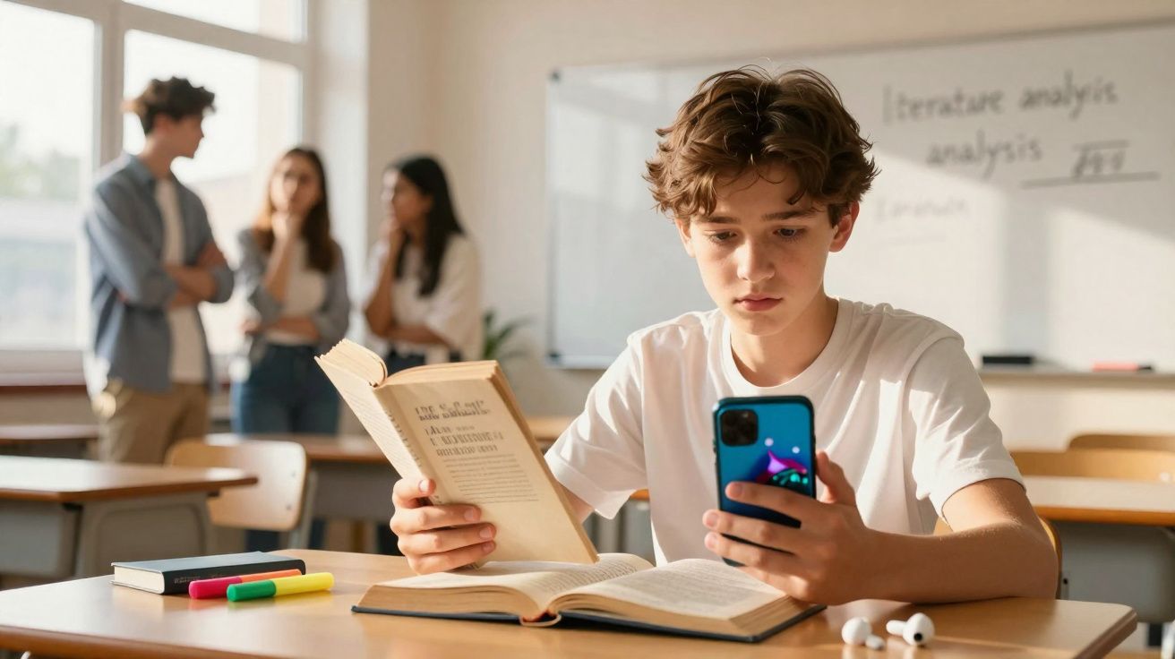 Aluno sentado a ler um livro e a usar o telemóvel numa sala de aula com colegas ao fundo.