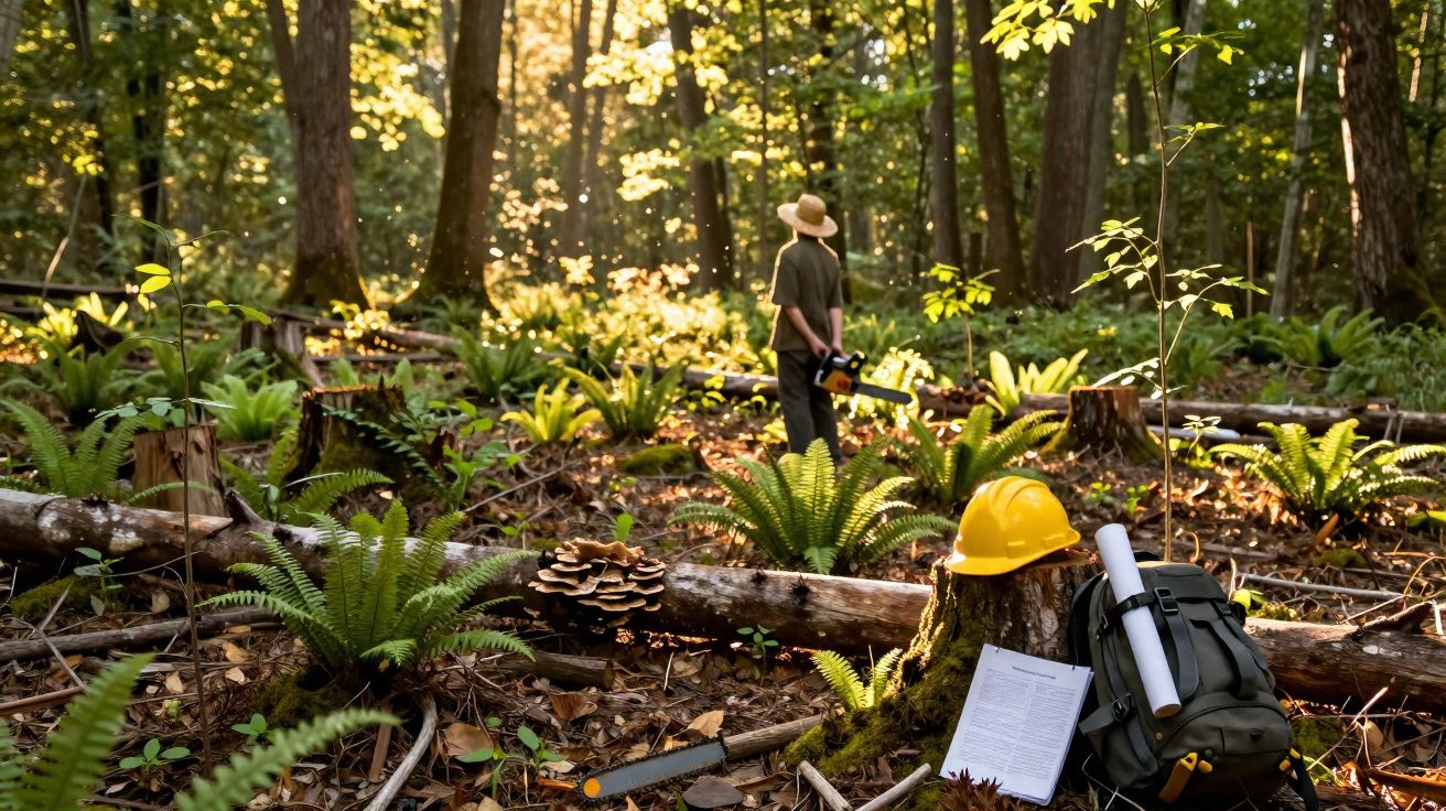Floresta com plantas e cogumelos, capacete amarelo, mochila, documentos e pessoa com motosserra de costas.
