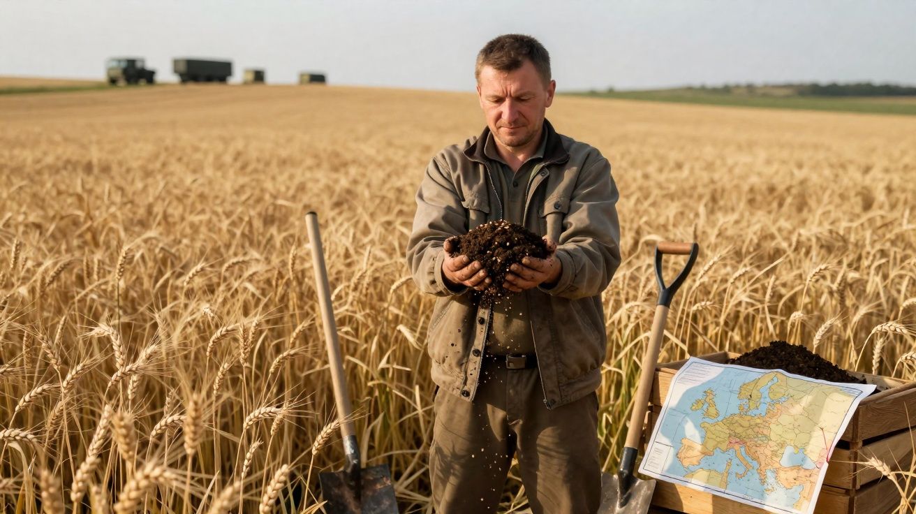 Agricultor examina terra em campo de trigo com ferramentas e mapa da Europa ao lado.