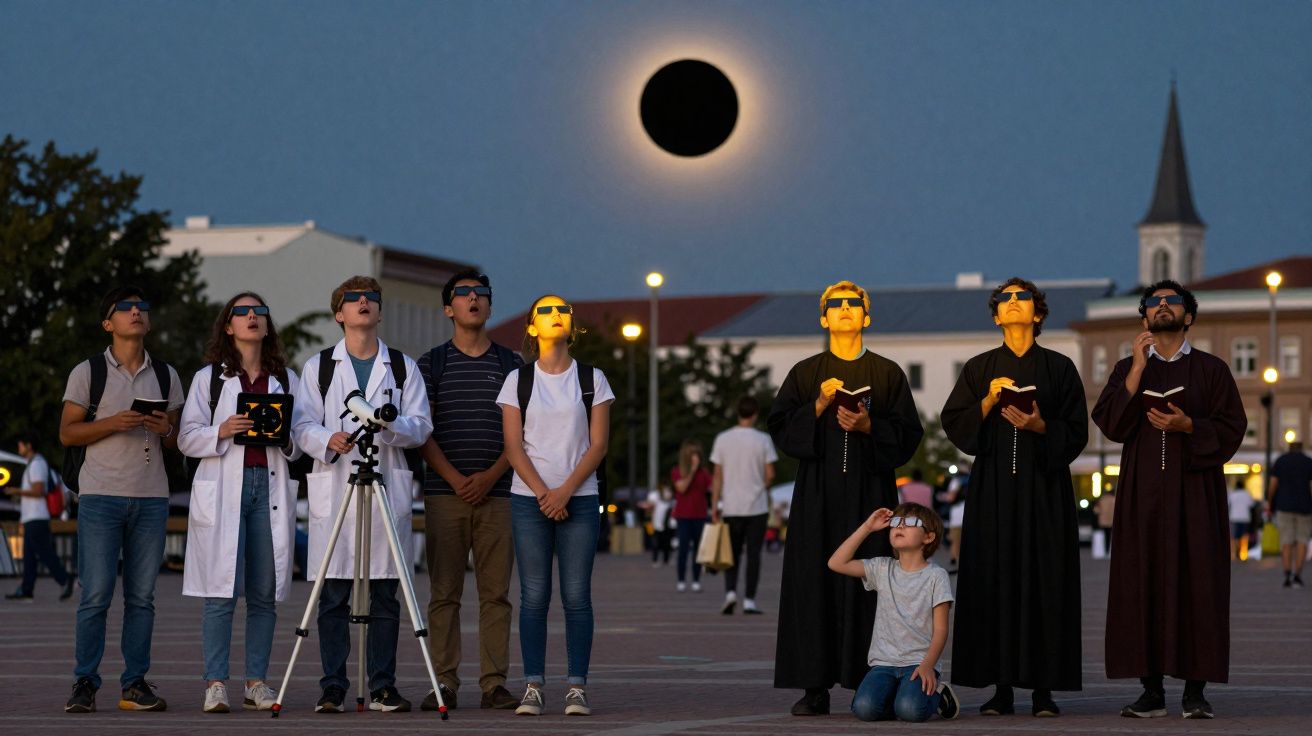Grupo de pessoas com óculos de proteção observa eclipse solar numa praça ao entardecer.