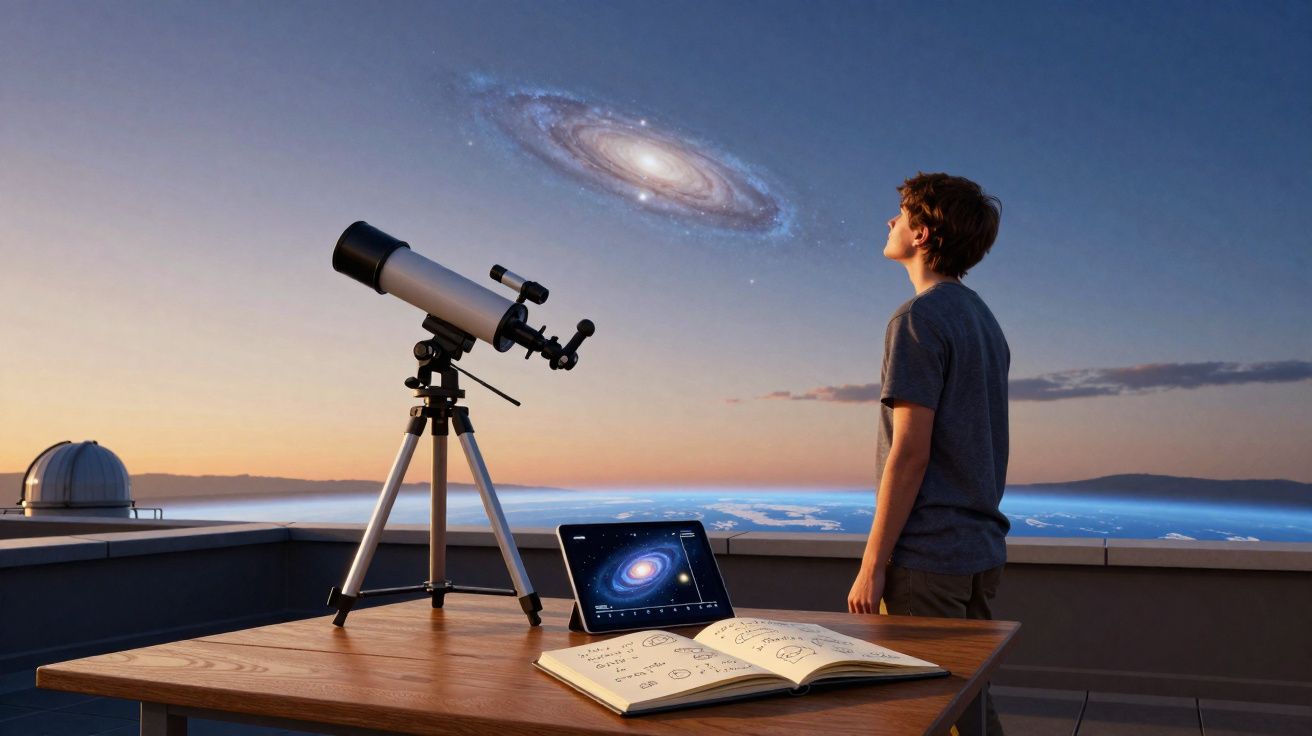 Jovem observa uma galáxia no céu ao pôr do sol com telescópio, tablet e caderno numa varanda.