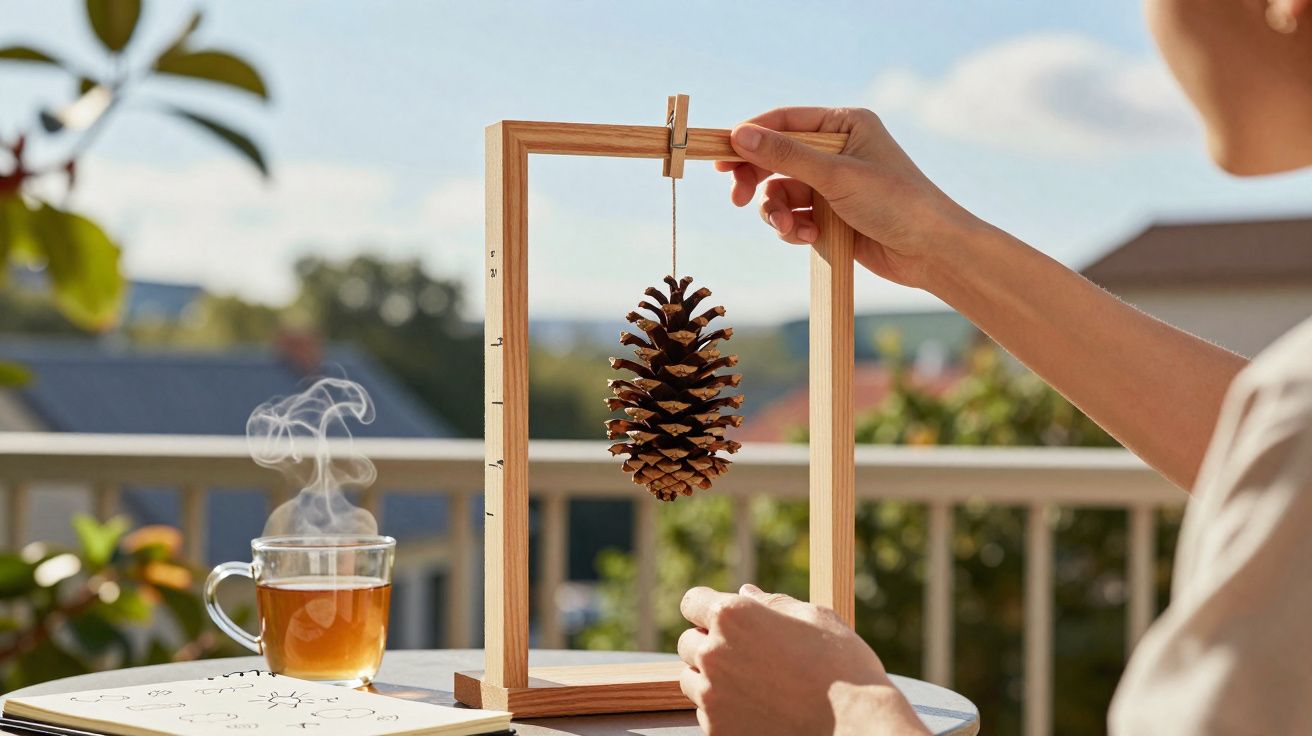 Pessoa segurando um quadro de madeira com um pinheiro pendurado ao lado de chá quente numa mesa exterior.