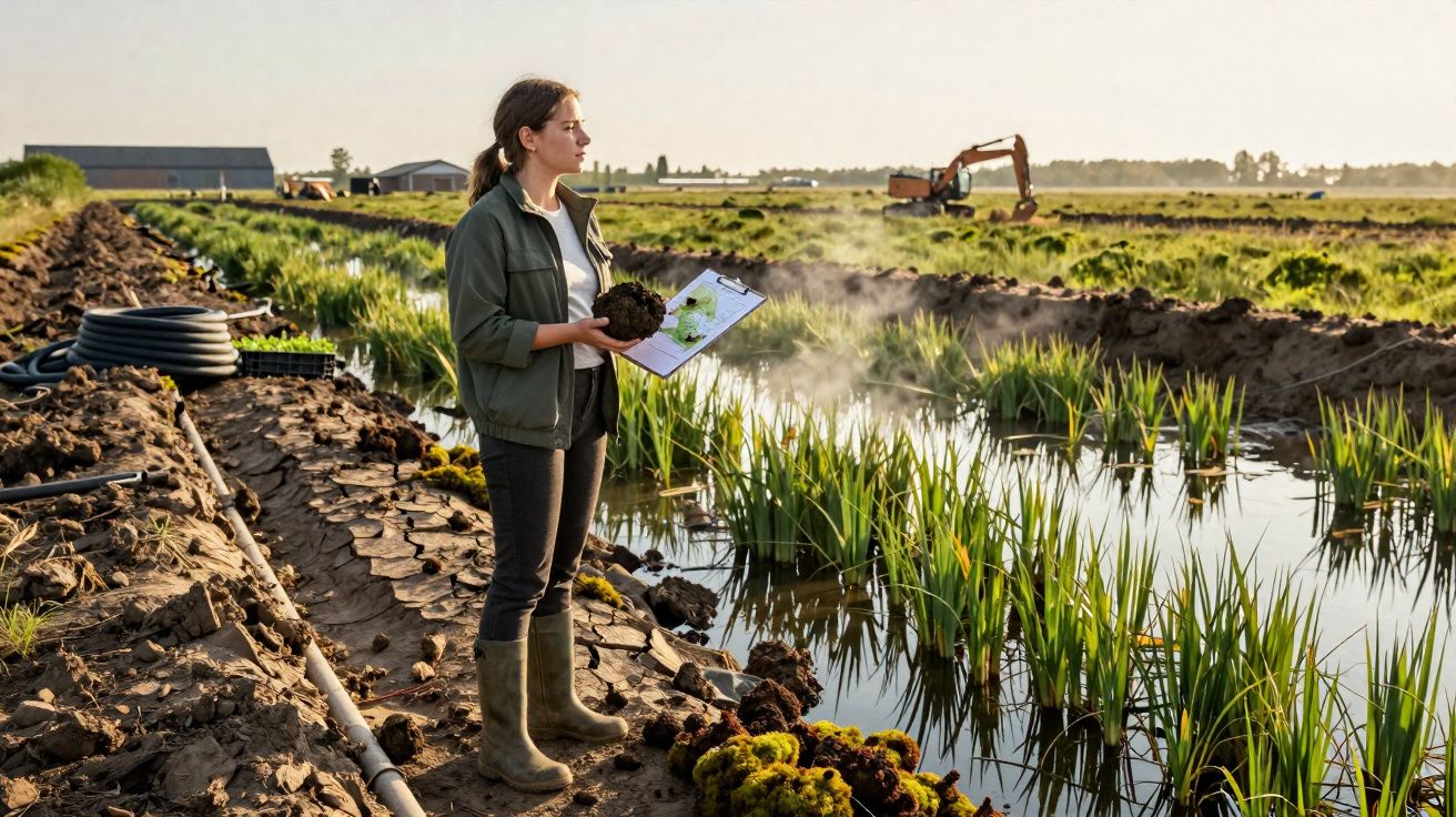 Mulher com botas e bloco de notas avalia lama junto a canal de água em área agrícola ao nascer do sol.