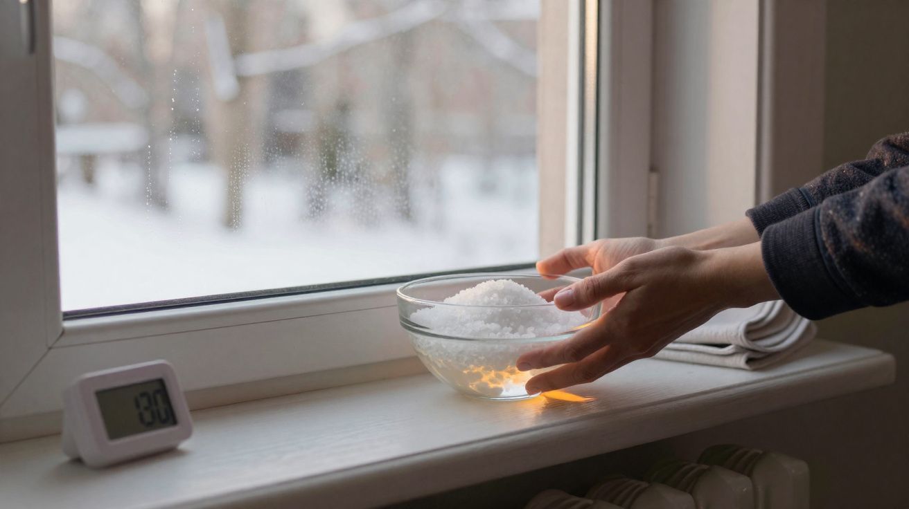 Mãos a colocar uma taça com sal na janela para absorver a humidade num dia frio e húmido.