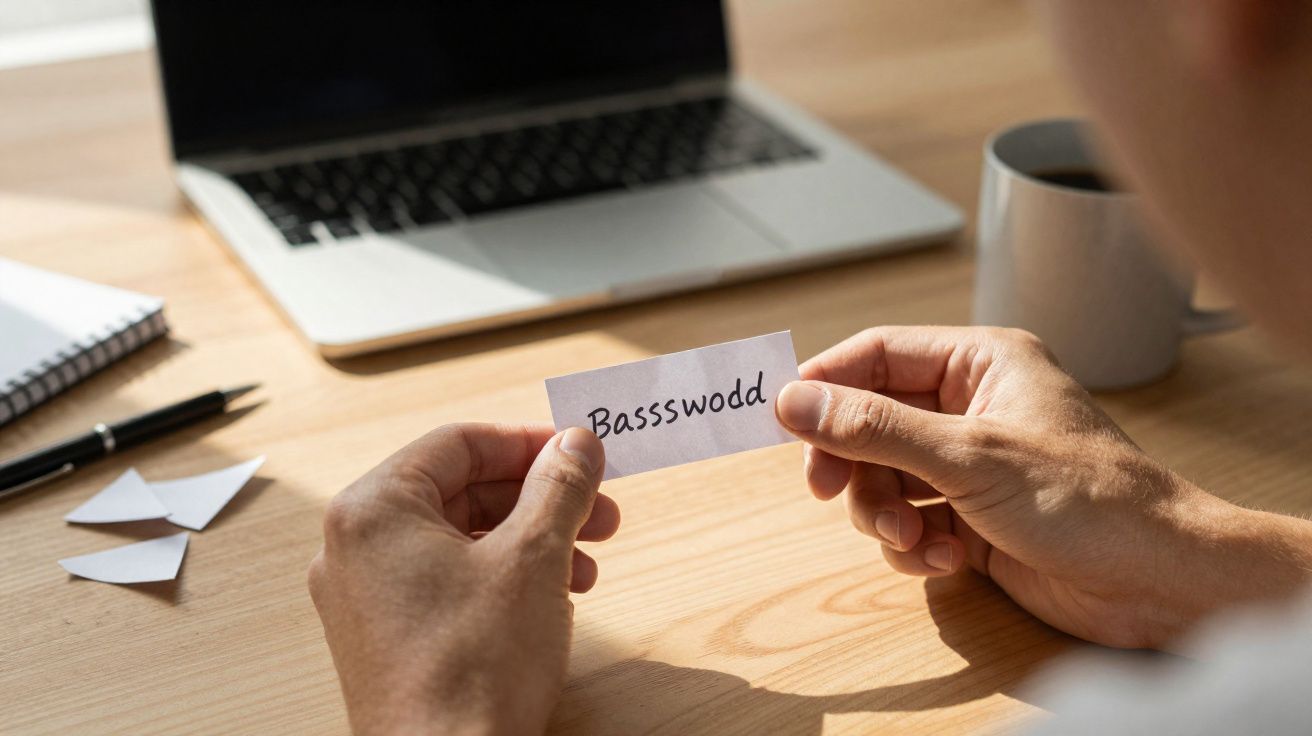 Pessoa a segurar papel com a palavra "Bassswood" escrita, mesa com portátil, caneta e caneca ao fundo.