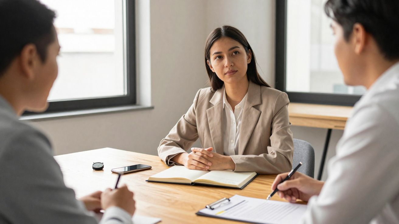 Mulher numa entrevista de emprego, sentada à mesa à frente de dois entrevistadores com pranchetas.