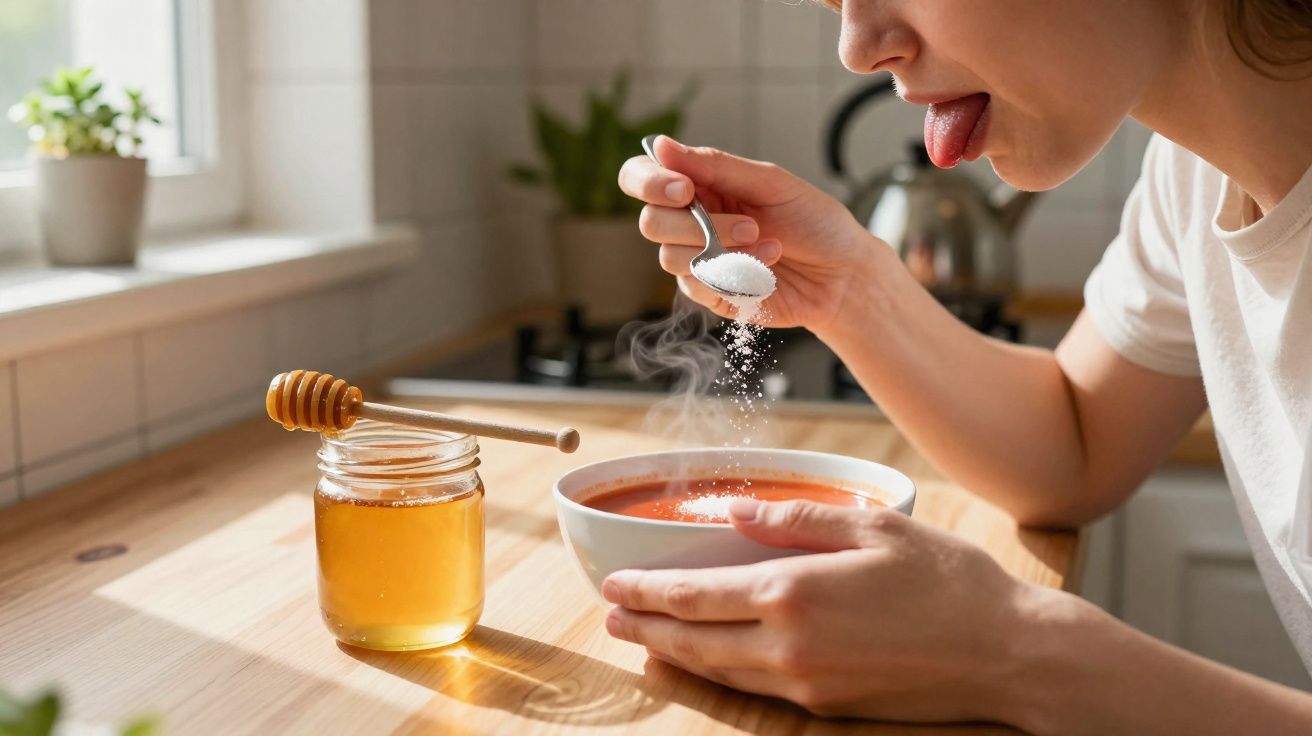 Pessoa a temperar sopa quente com sal numa mesa de madeira junto a um frasco de mel numa cozinha iluminada.