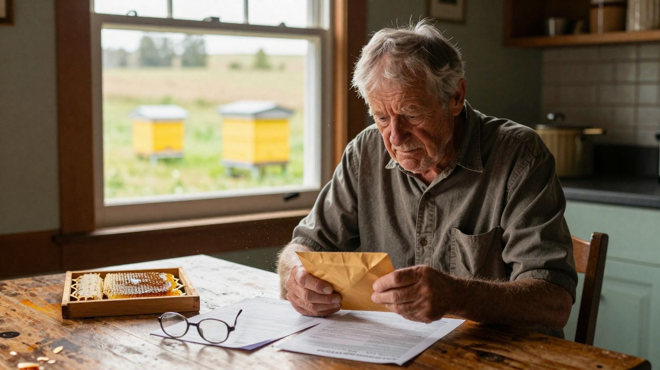 Idoso sentado à mesa, lendo carta, com colmeias visíveis pela janela ao fundo.