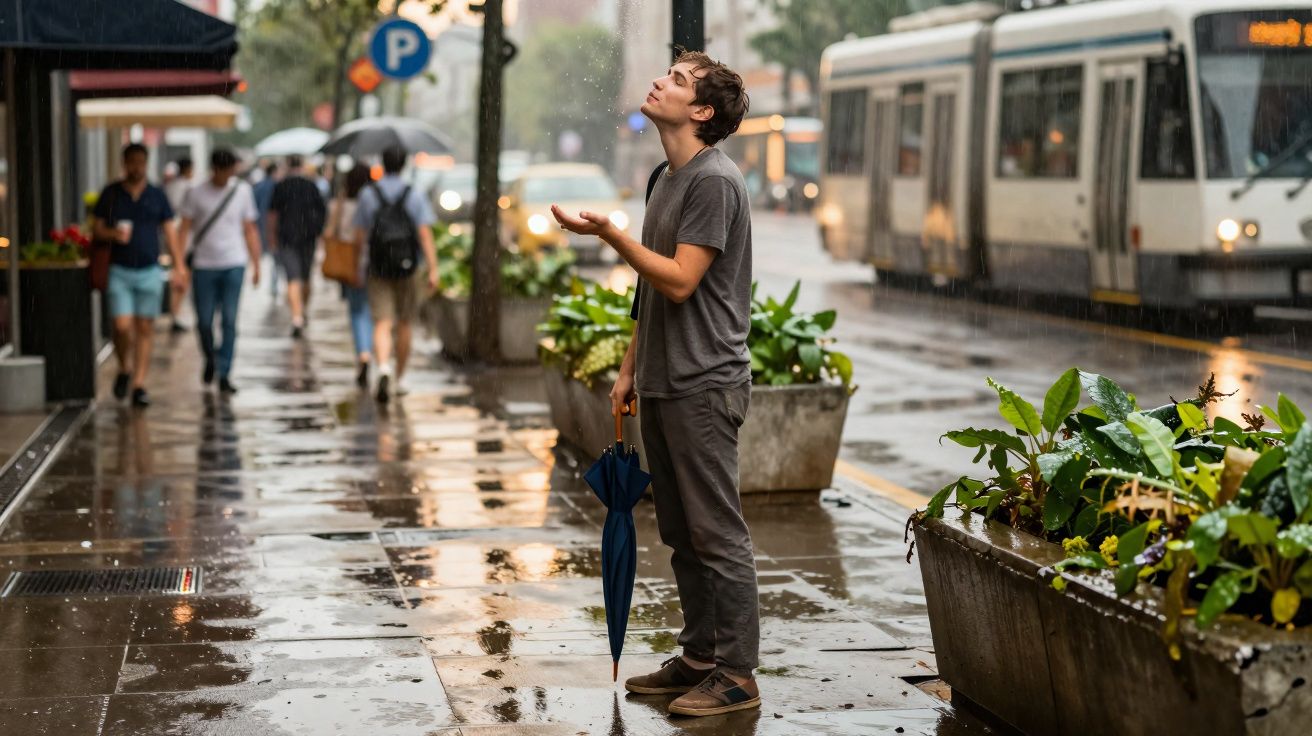 Homem de pé na calçada molhada, segurando guarda-chuva fechado enquanto observa a chuva cair.