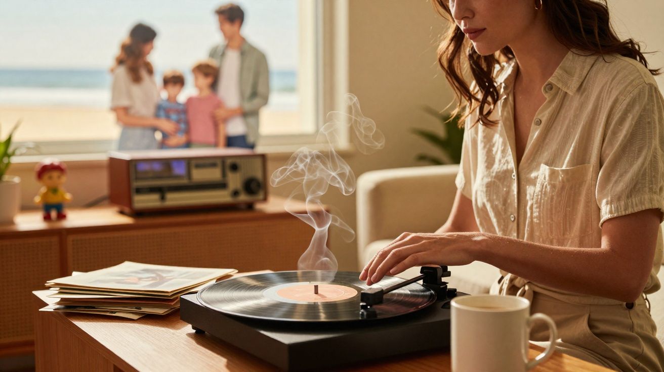 Mulher toca disco de vinil numa gira-discos, família desfocada ao fundo junto à janela com vista para o mar.