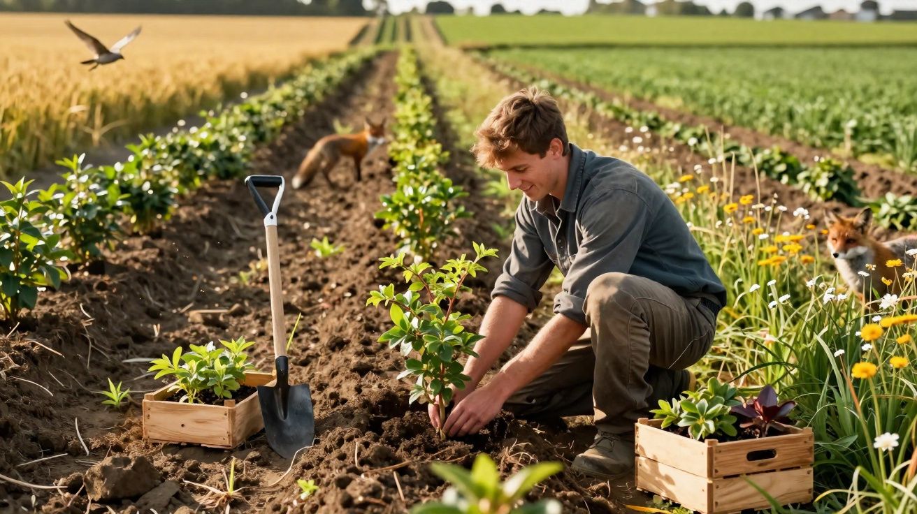Homem a plantar árvores num campo com raposas e aves ao redor, em dia ensolarado.
