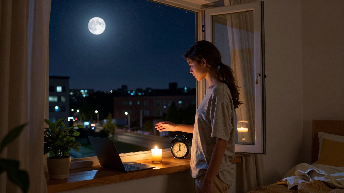 Mulher em quarto com janela aberta à noite, vela acesa, relógio, computador e lua cheia no céu.
