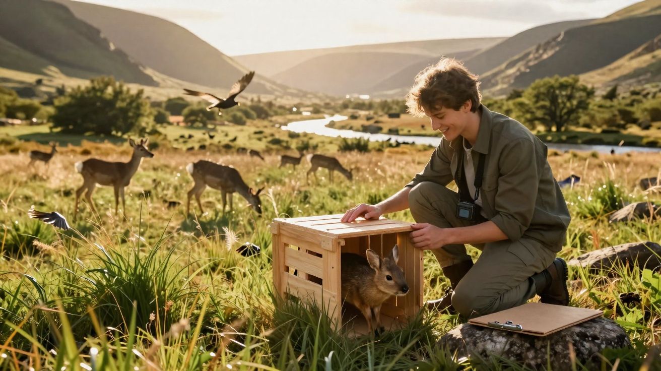 Jovem liberta coelho selvagem de caixa de madeira numa planície com veados e pássaros ao pôr do sol.