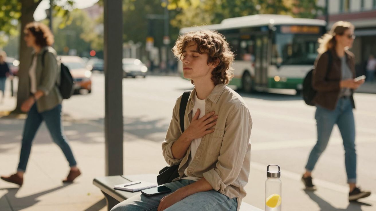 Jovem sentado com olhos fechados e mão no peito numa paragem de autocarro numa rua movimentada.
