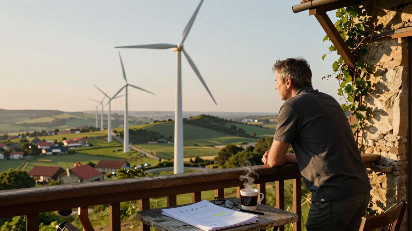Homem de pé numa varanda com vista para cúpulas de moinho e paisagem rural ao pôr do sol.