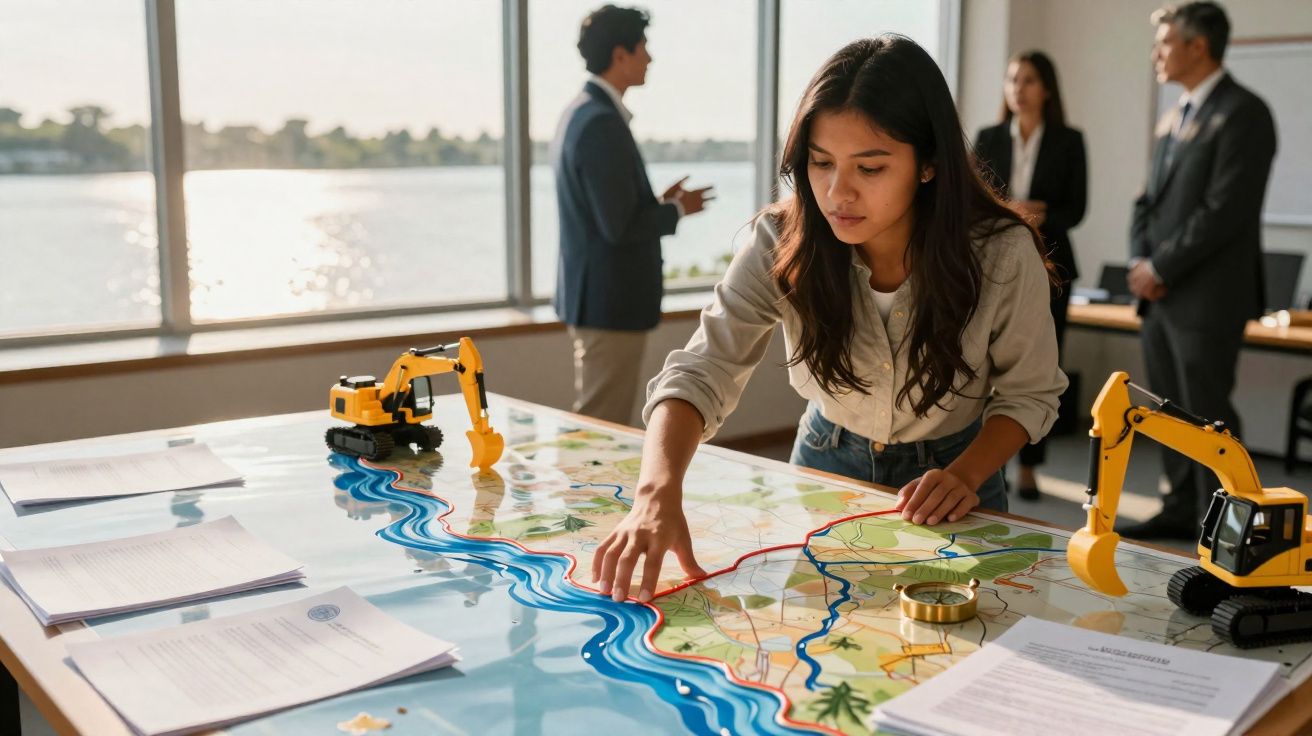 Mulher a analisar mapa grande sobre mesa com miniaturas de escavadoras e pessoas ao fundo em escritório.