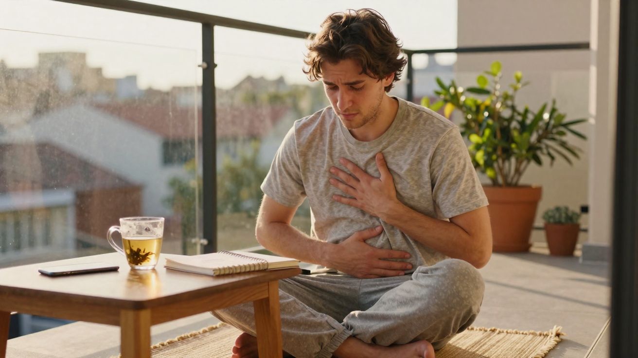 Homem sentado no chão com expressão de dor, segurando o peito e o estômago numa varanda.