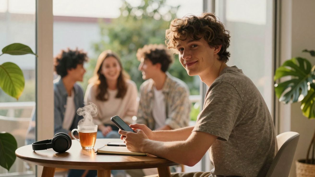 Jovem sentado à mesa com telemóvel, chá quente e auscultadores, enquanto grupo conversa ao fundo.