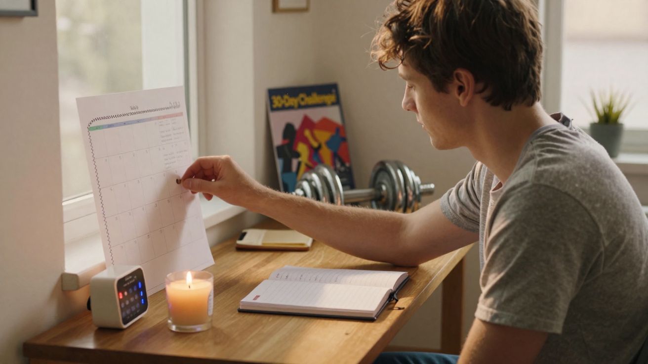 Homem sentado à secretária, a marcar datas num calendário pendurado junto à janela, com diário e vela acesa.