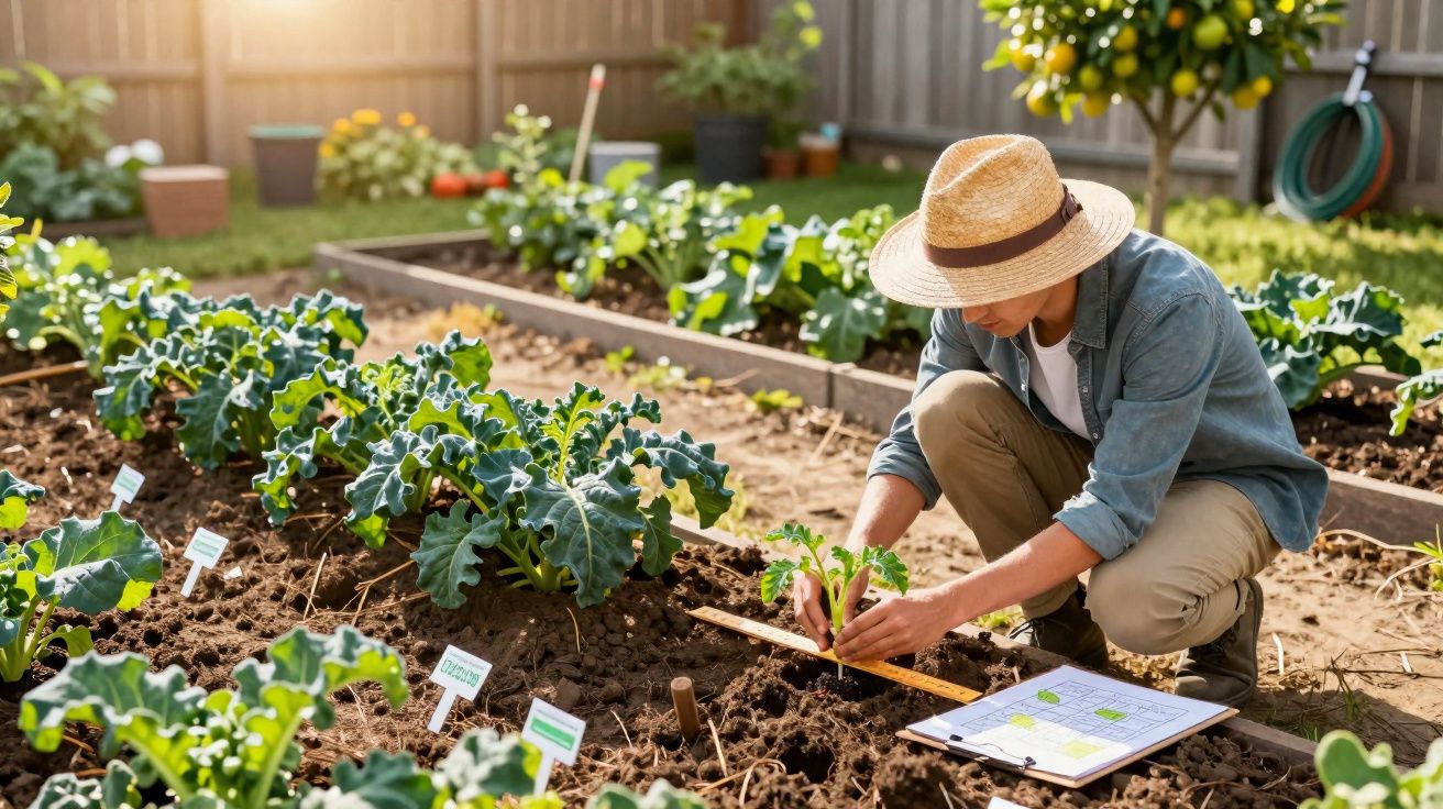 Pessoa a cuidar de plantas num jardim com chapéu de palha e bloco de notas ao lado.