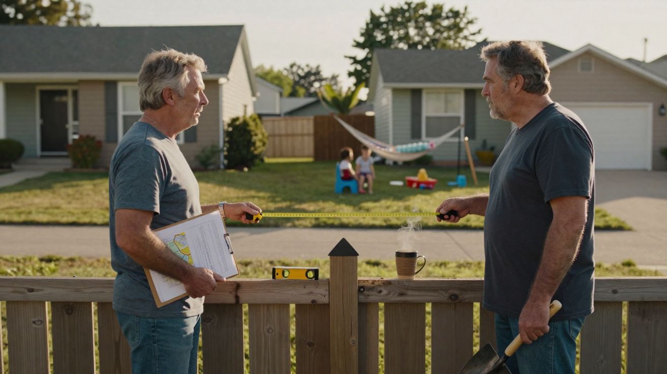 Dois homens medem uma cerca de madeira numa zona residencial, ao fundo crianças brincam no jardim.