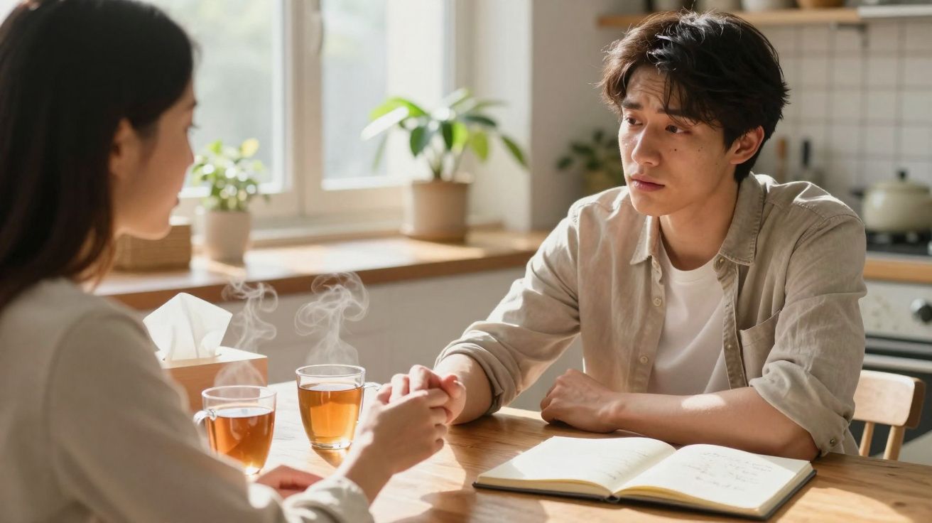 Casal sentado à mesa, com chá quente e um caderno aberto, mostrando conversa séria e apoio mútuo.
