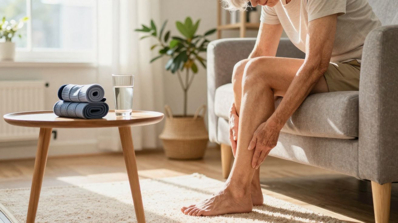 Pessoa idosa sentada no sofá a segurar a perna, com mesa e toalhas dobradas ao lado num ambiente luminoso.