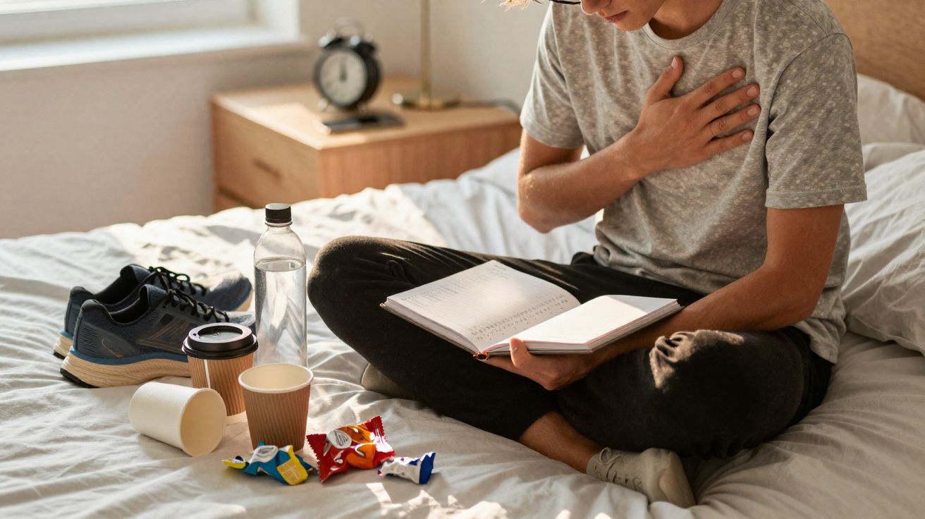 Pessoa sentada na cama com mão no peito, rodeada de sapatos, garrafa, café e embalagens vazias.