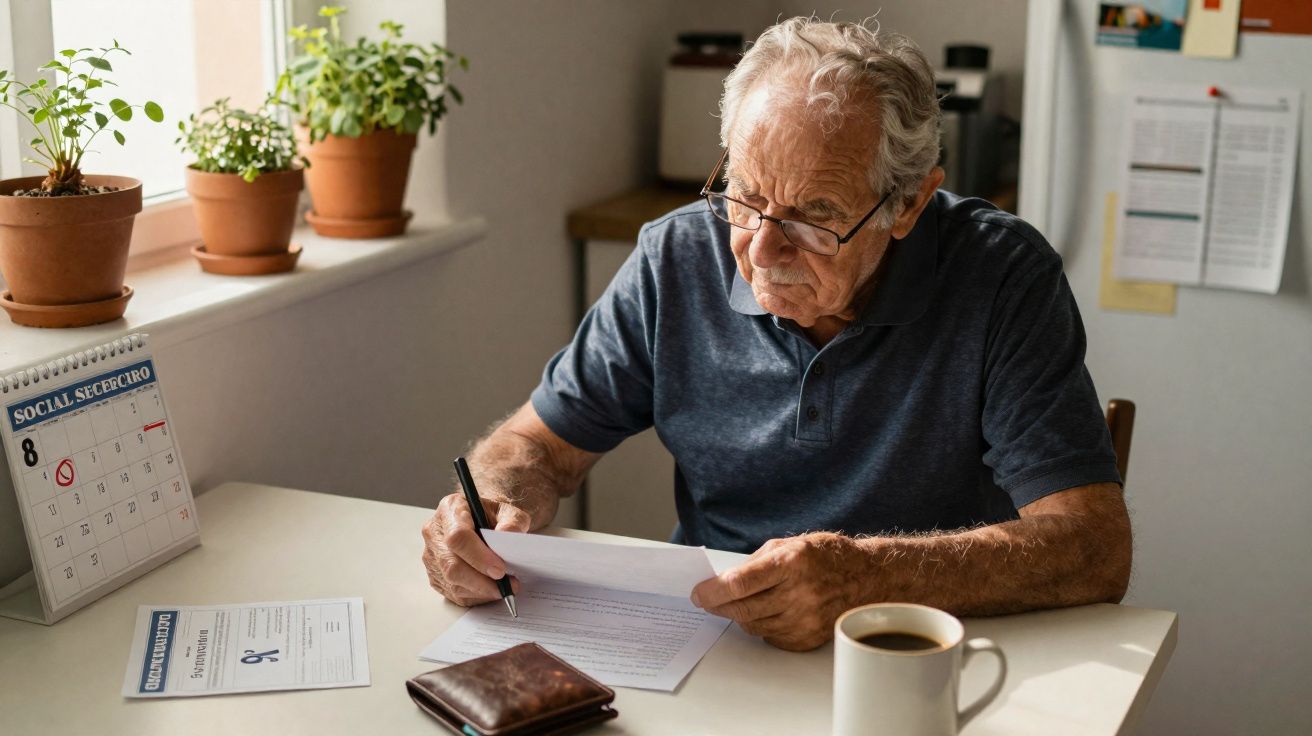 Idoso sentado à mesa a preencher documentos com caneta, à frente calendário e chávena de café.
