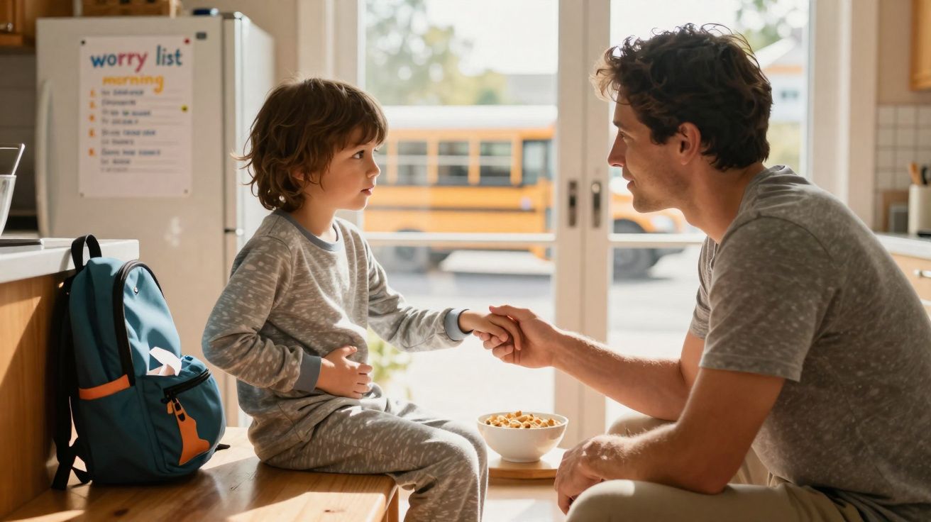 Criança de pijama sentada na cozinha a segurar a mão de um adulto enquanto conversam.