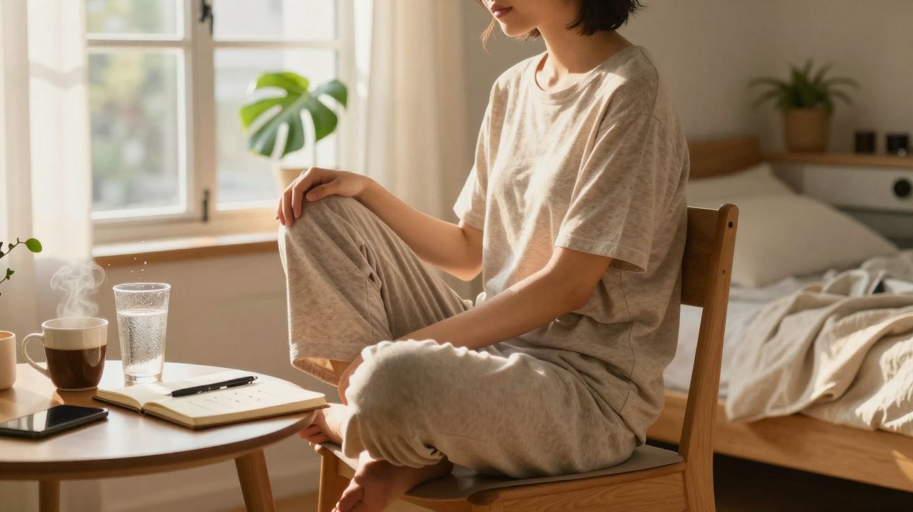 Mulher sentada com roupa confortável junto a mesa com caderno, caneta, copo de água e chá a vapor na luz natural.