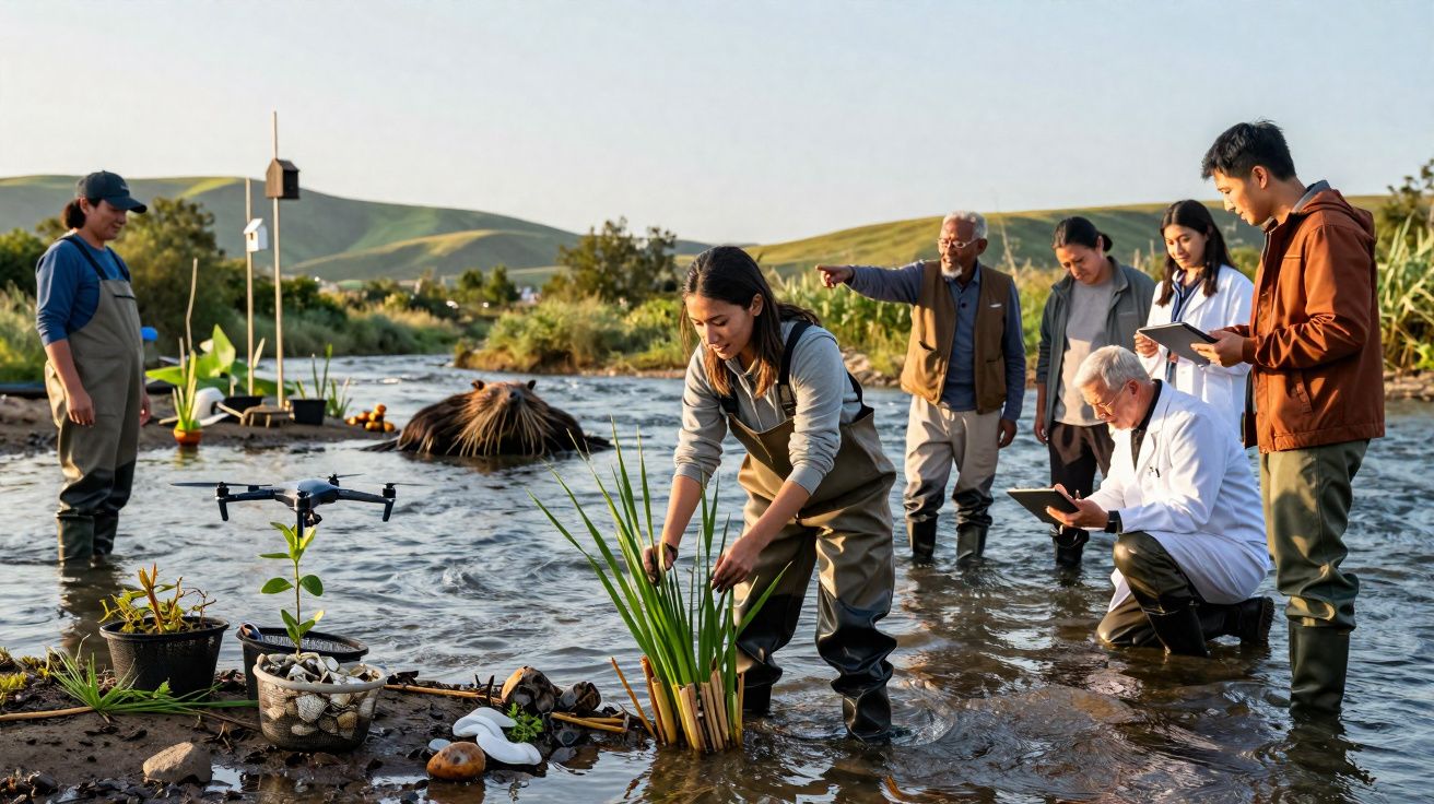Grupo de cientistas no rio a plantar e estudar plantas aquáticas, usando equipamentos tecnológicos e vestindo botas.