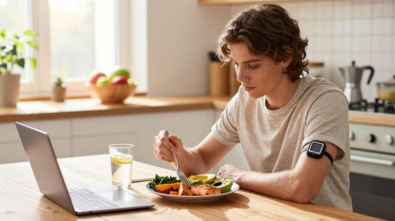 Jovem a comer refeição saudável na cozinha com portátil aberto e copo de água com limão.