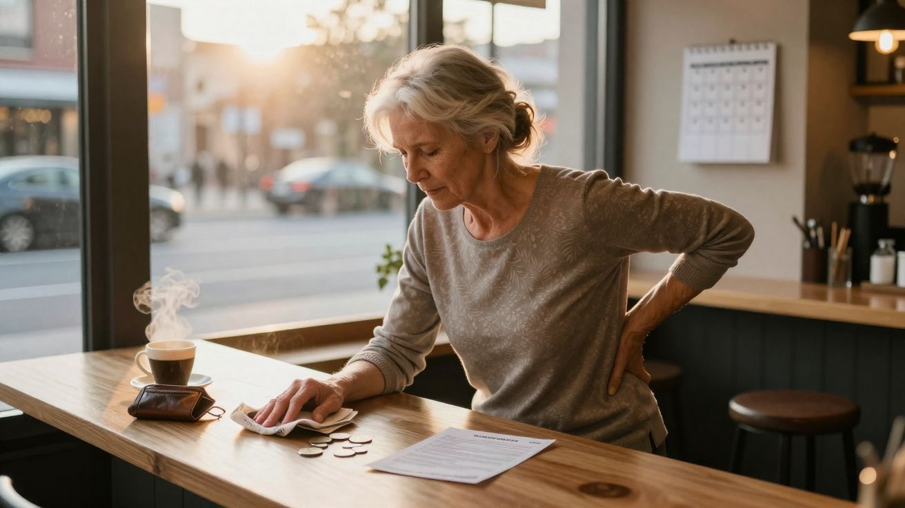 Mulher sénior preocupada conta moedas numa mesa de café com documento e café quente ao lado.