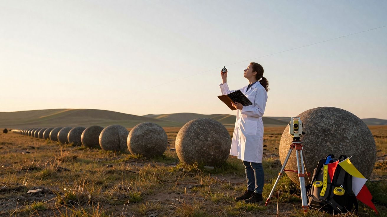 Mulher com bata branca faz medições junto a esferas de pedra num campo aberto ao pôr do sol.