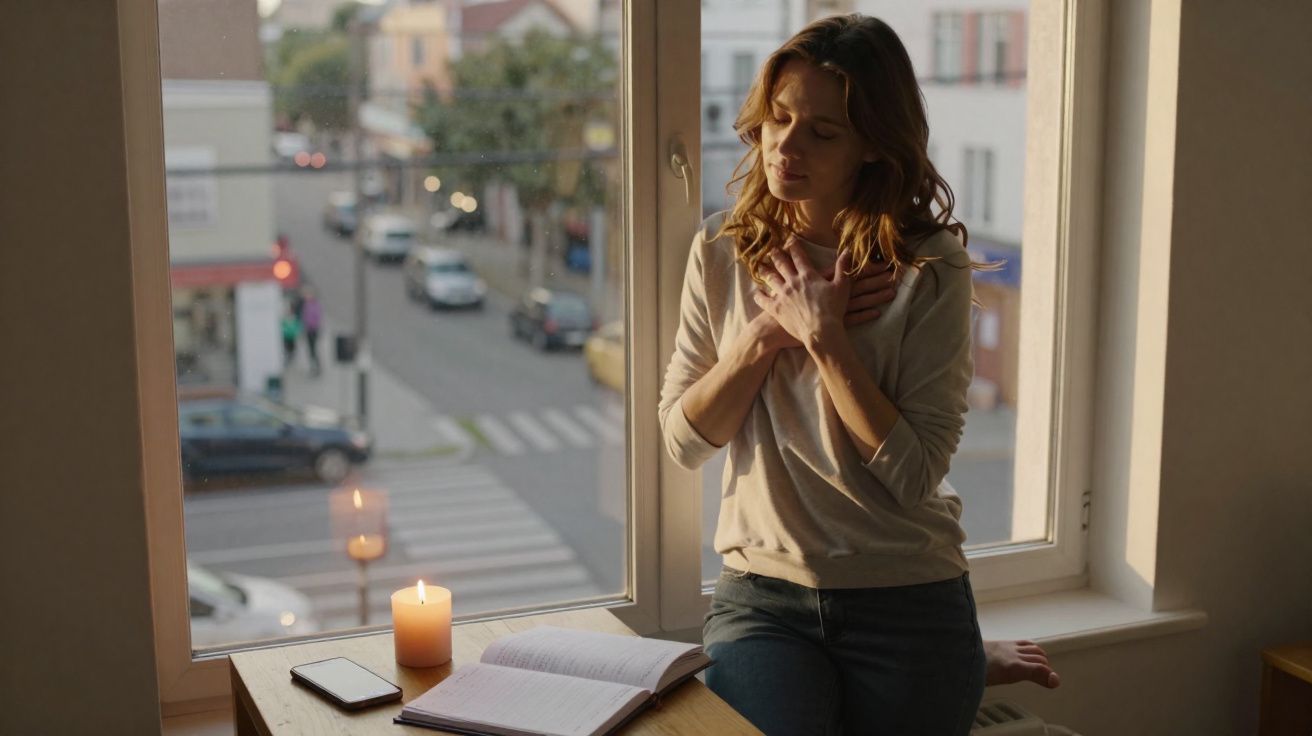 Mulher sentada junto à janela com as mãos sobre o peito, rodeada por vela, telemóvel e livro aberto.